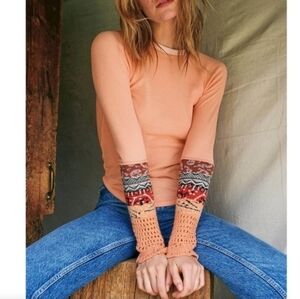 Free People In The Mix Cuff Thermal Top In Desert Orange Knit Crochet size XS